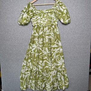 Anthropologie By the River Green White Floral Puff Sleeve Smocked Midaxi Dress S